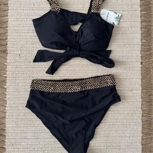 Eomenie Black bikini set with gold accents high-waisted bottoms and tide up top
